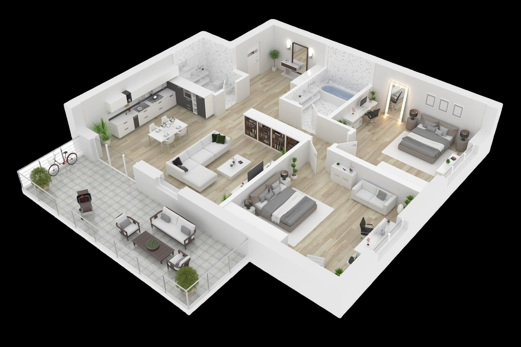 Plano 3D de casa con dispositivos de seguridad